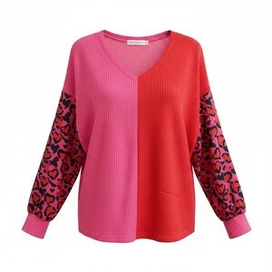Emma & Grace Pink and Black Leopard Sleeve Sweater- Size Large